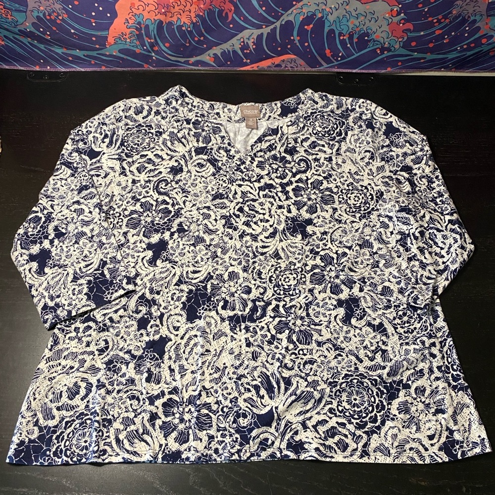 Chico's Navy and White Floral Long Sleeve Tee